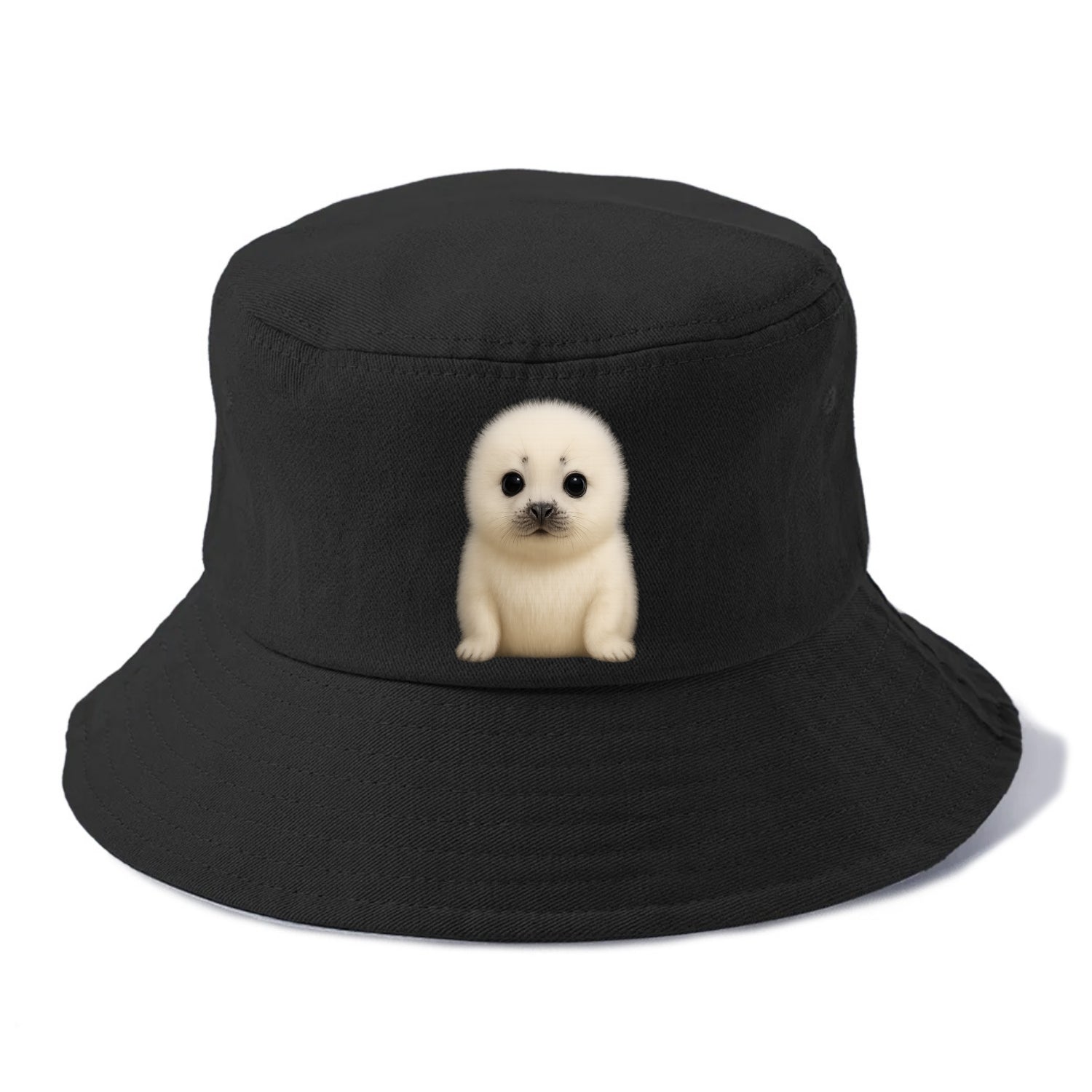 Baby Harp Seal - pure white fluffy fur, enormous dark eyes, front-facing, iconic cute - Bucket Hat - Black