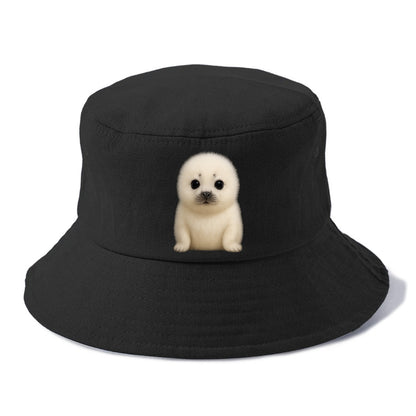 Baby Harp Seal - pure white fluffy fur, enormous dark eyes, front-facing, iconic cute - Bucket Hat - Black