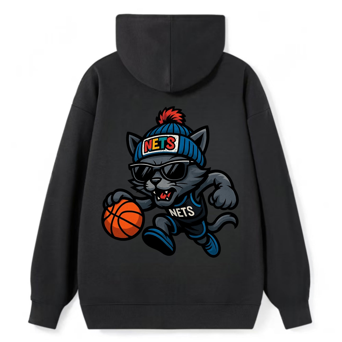 Brooklyn Cat wearing Nets beanie with street art patch and wayfarer - Classic Pullover Hoodie - Black