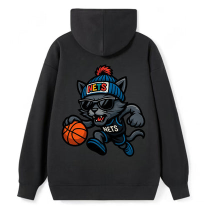 Brooklyn Cat wearing Nets beanie with street art patch and wayfarer - Classic Pullover Hoodie - Black