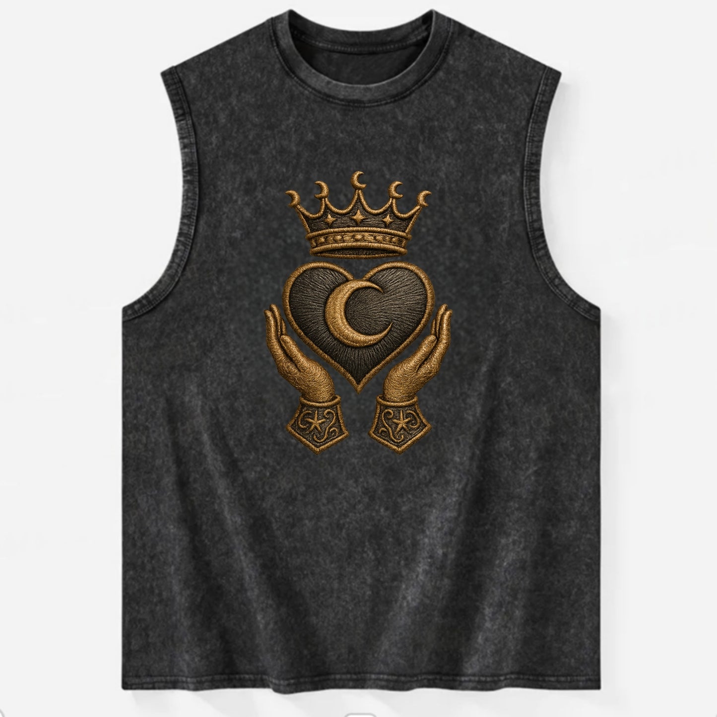 Moonlit crescent crown cradling a hematite heart with stargazer hands cupped - Vintage Washed Tank - Black