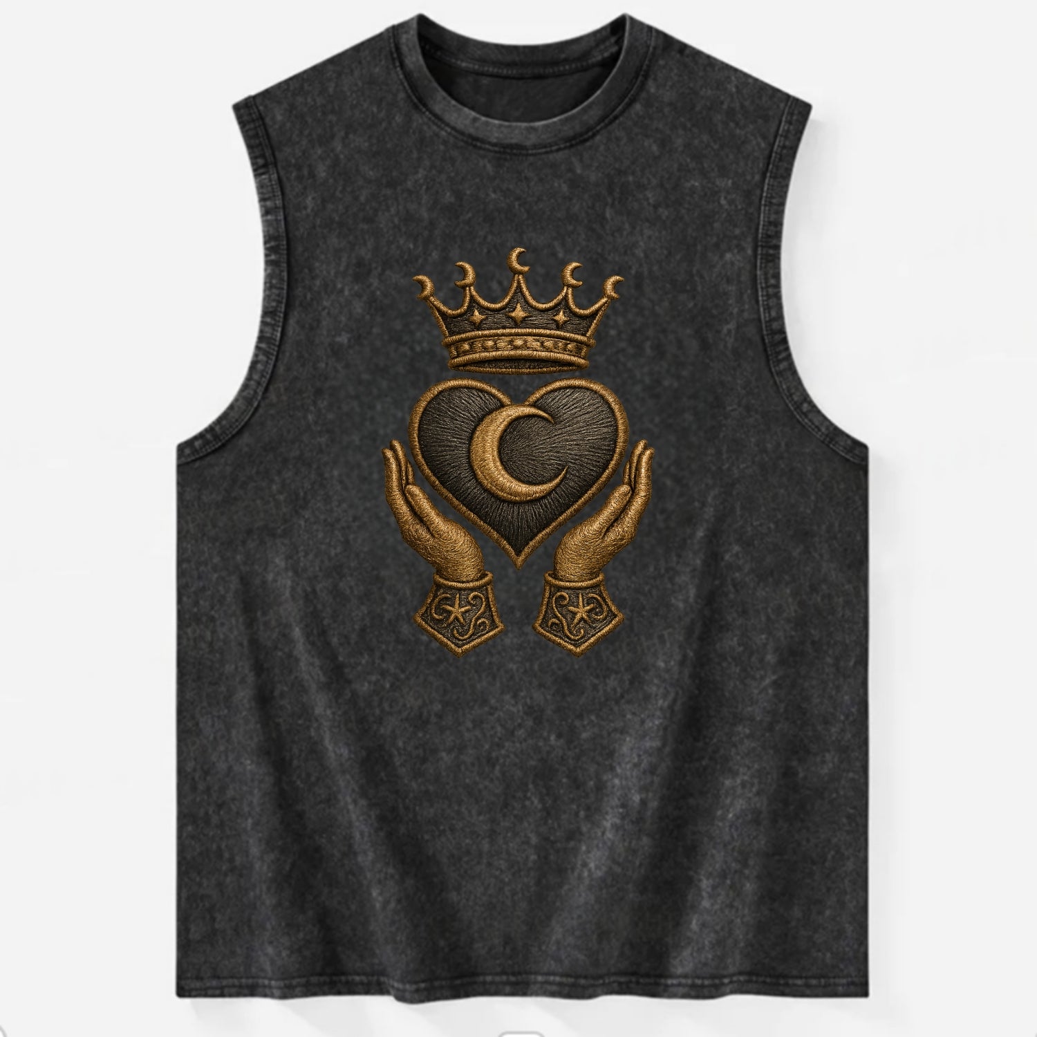 Moonlit crescent crown cradling a hematite heart with stargazer hands cupped - Vintage Washed Tank - Black
