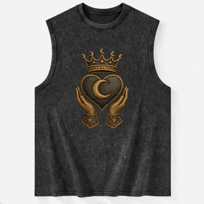 Moonlit crescent crown cradling a hematite heart with stargazer hands cupped - Vintage Washed Tank - Black