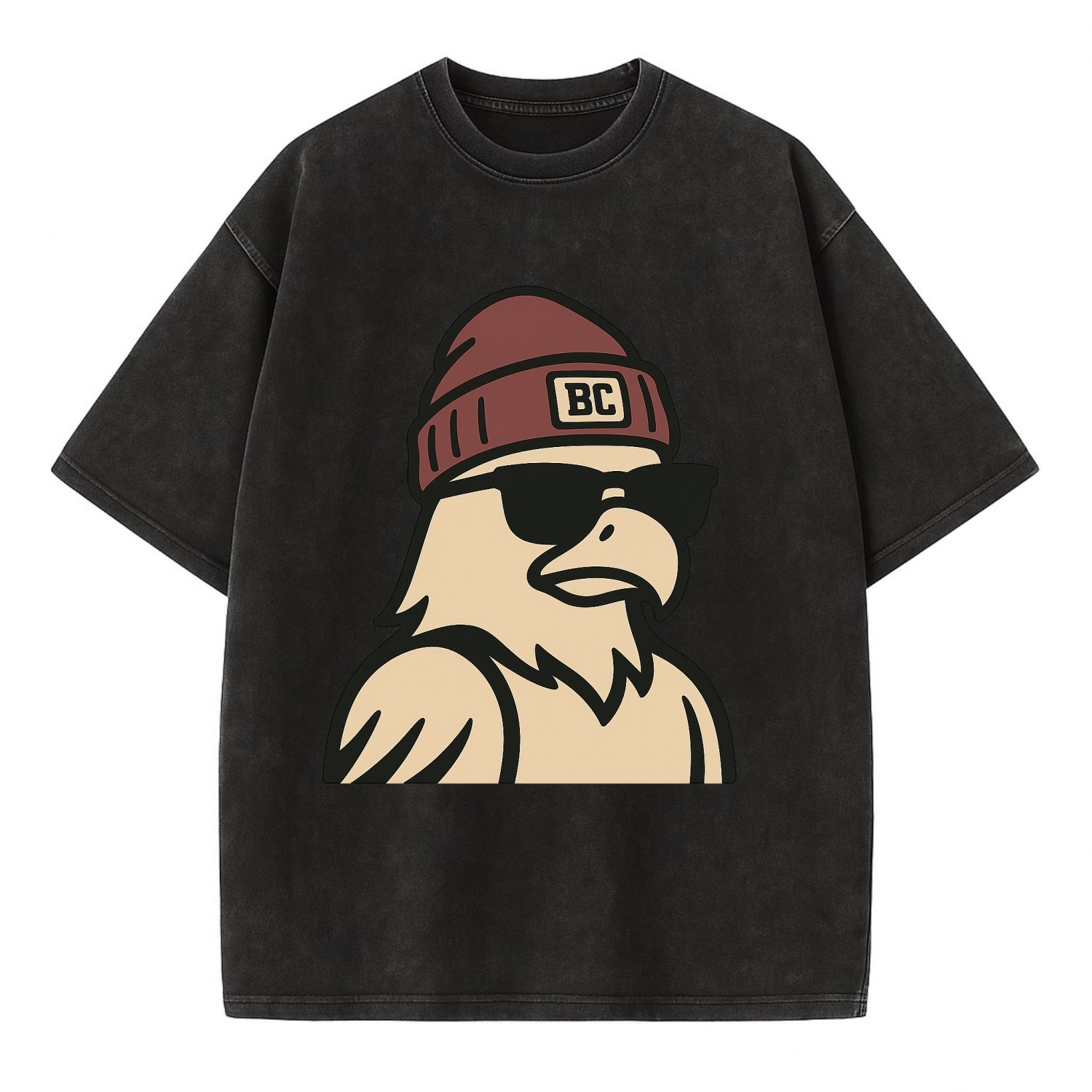 Chestnut Hill Eagle wearing Boston College beanie with BC patch - Vintage T-shirt - Black