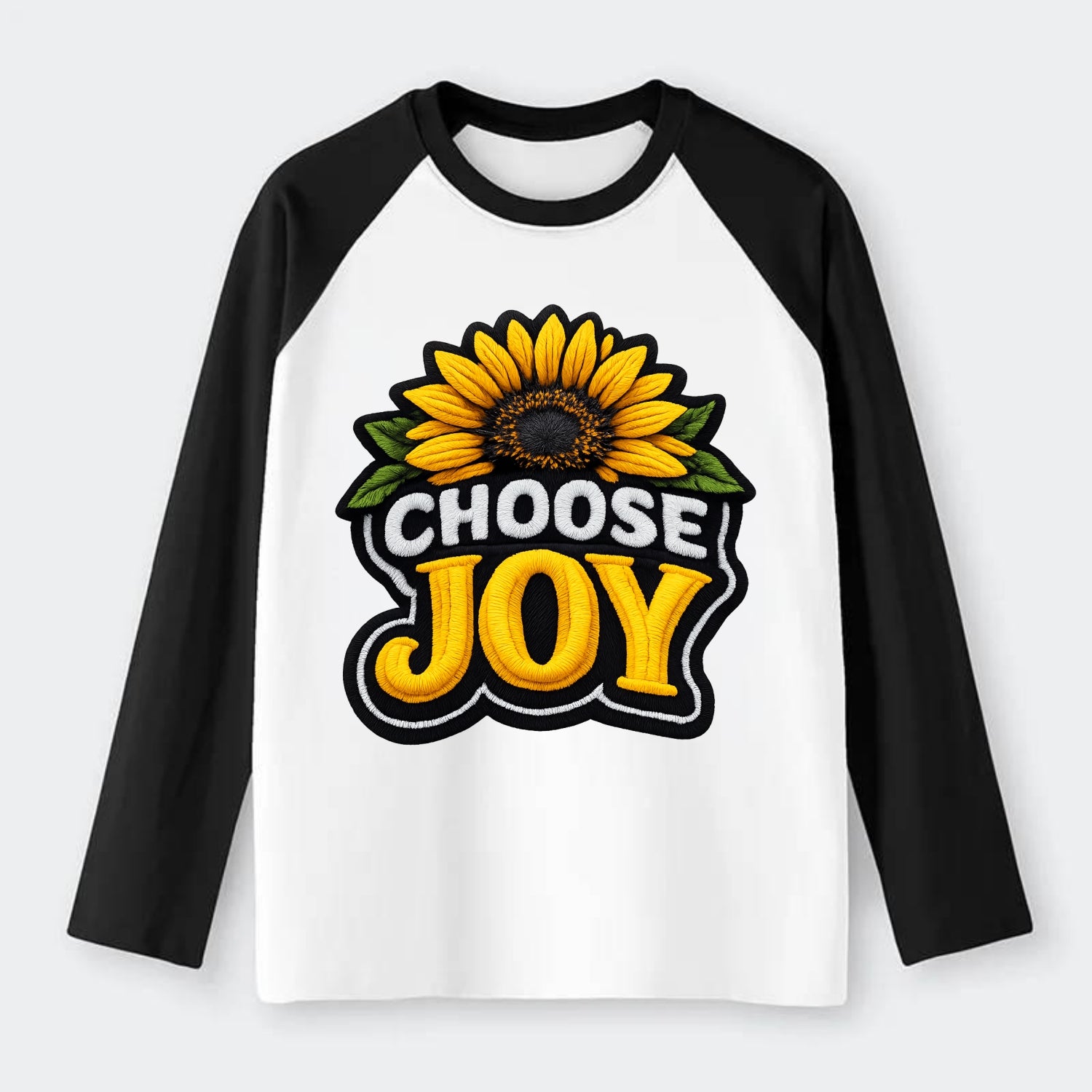 CHOOSE JOY - sunflower with text in yellow , happiness choice - Raglan Long Sleeve T-Shirt - Black