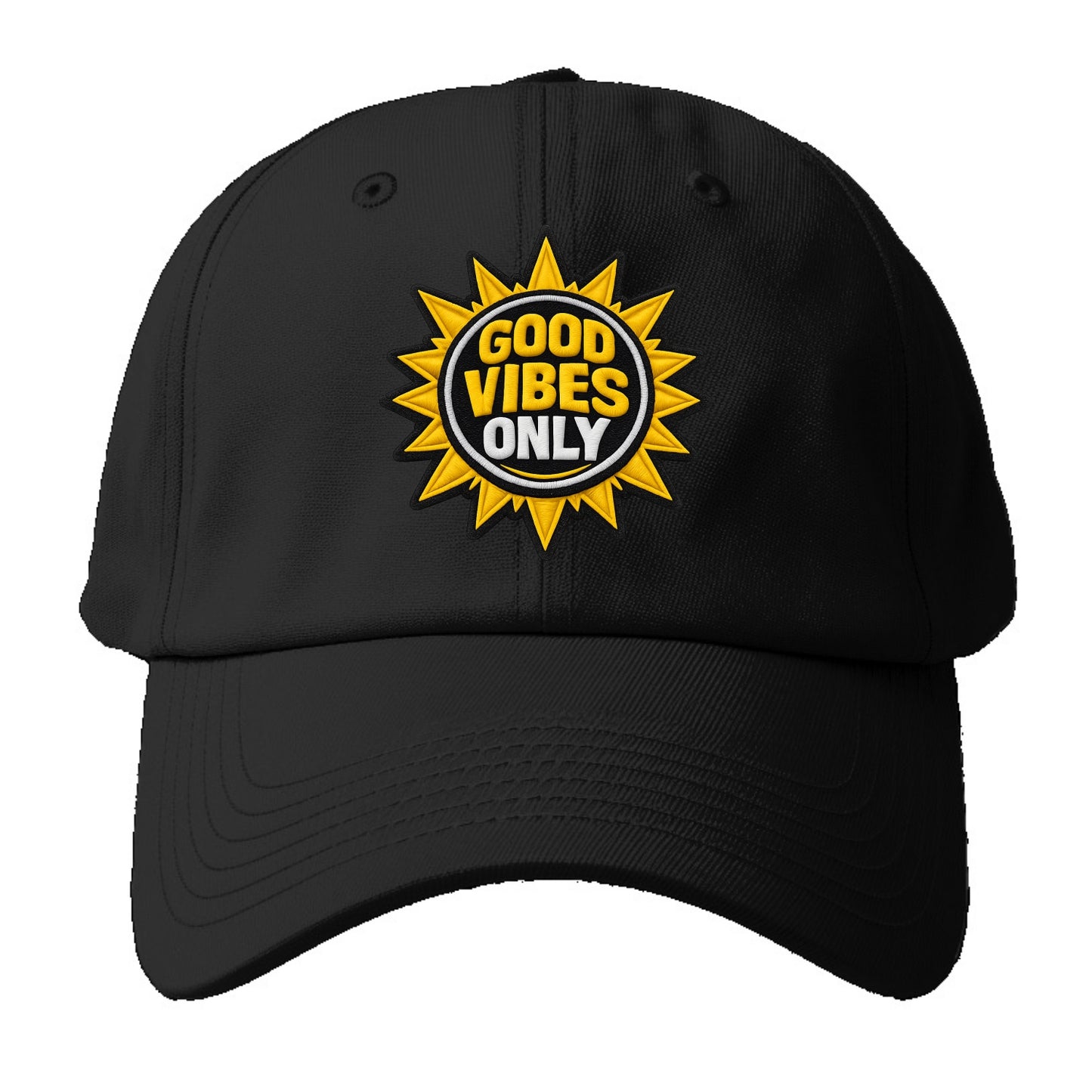 GOOD VIBES ONLY - sun with text in yellow , positive energy - Baseball Cap - Black
