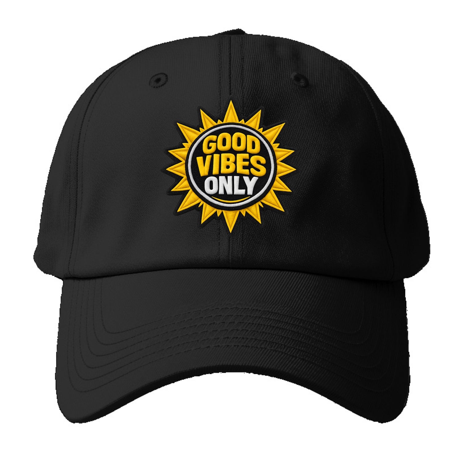 GOOD VIBES ONLY - sun with text in yellow , positive energy - Baseball Cap - Black