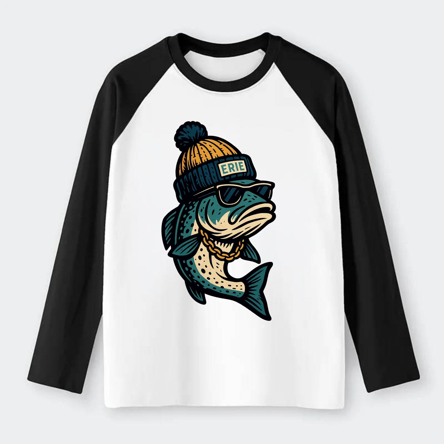 Erie Lake Trout wearing Erie beanie with - Raglan Long Sleeve T-Shirt - Black