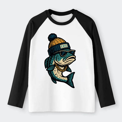 Erie Lake Trout wearing Erie beanie with - Raglan Long Sleeve T-Shirt - Black