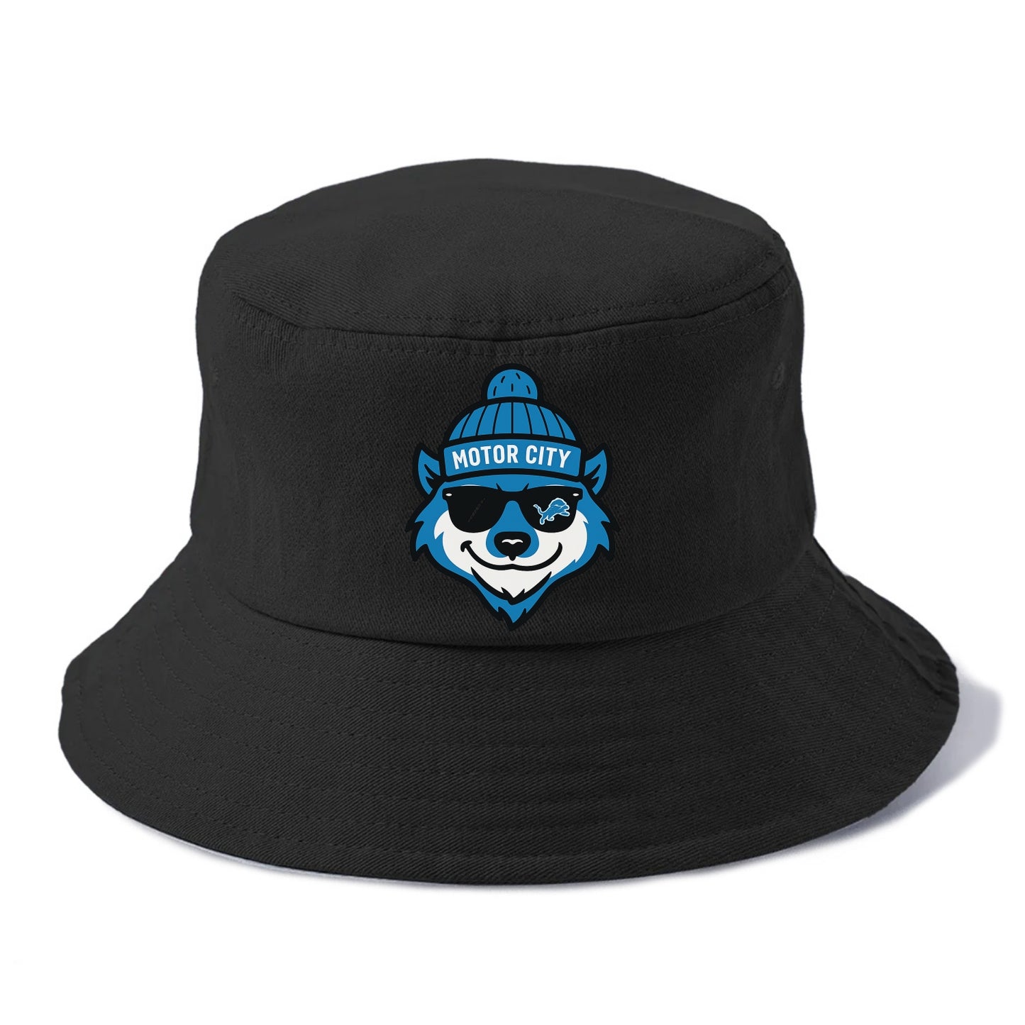 Motor City Wolverine wearing Lions beanie with gear patch and wayfarer sunglasses - Bucket Hat - Black