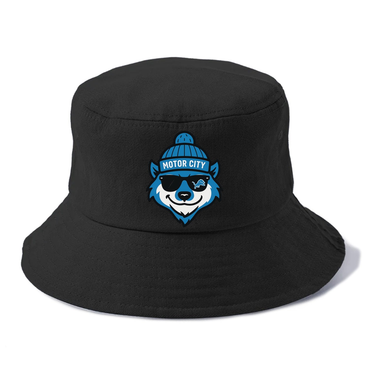 Motor City Wolverine wearing Lions beanie with gear patch and wayfarer sunglasses - Bucket Hat - Black