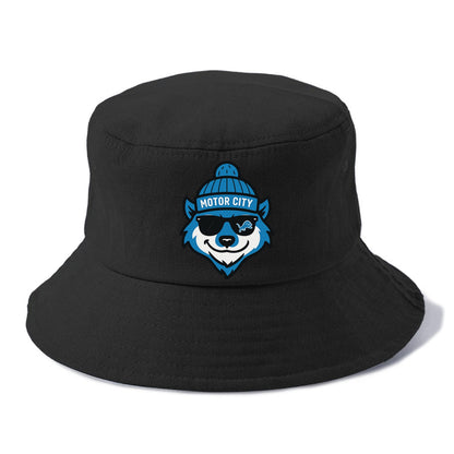 Motor City Wolverine wearing Lions beanie with gear patch and wayfarer sunglasses - Bucket Hat - Black