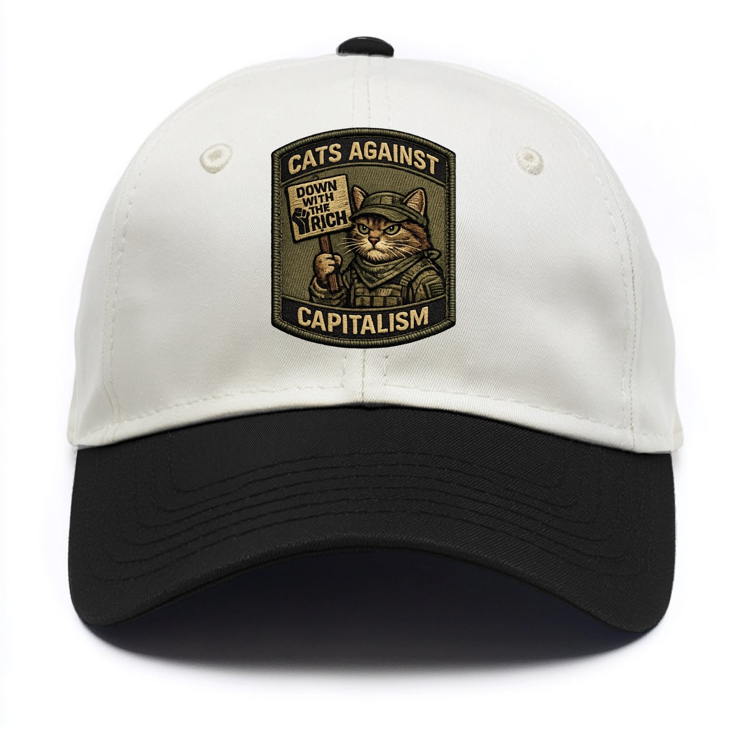 CATS AGAINST CAPITALISM - cat with protest sign in red , political cat - Two Tone Cap - Black