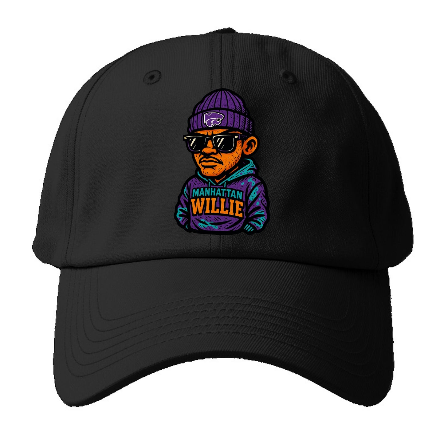 Manhattan Willie wearing Kansas State beanie with powercat patch - Baseball Cap For Big Heads - Black