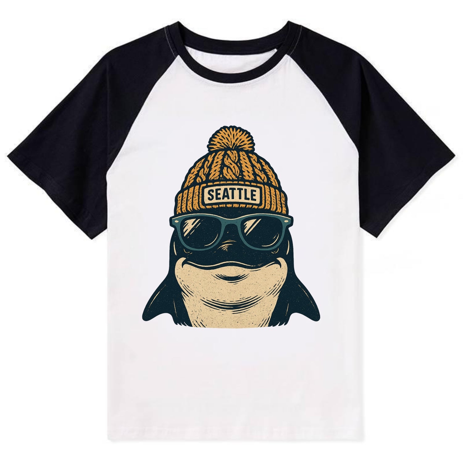 Seattle Orca wearing Seattle beanie with pom pom and wayfarer sunglasses - Contrast Raglan T-shirt - Black