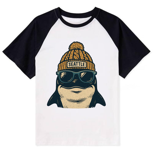 Seattle Orca wearing Seattle beanie with pom pom and wayfarer sunglasses - Contrast Raglan T-shirt