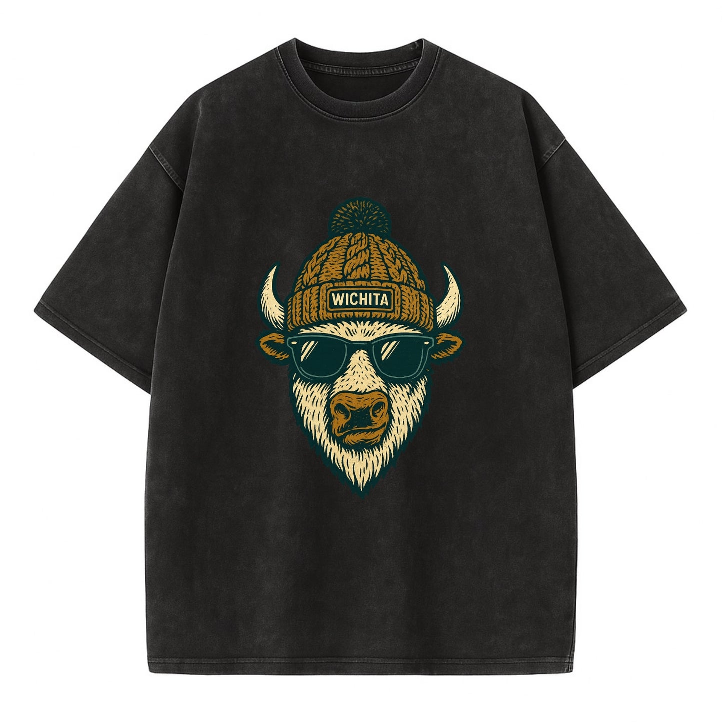 Kansas American Bison wearing Wichita beanie with pom pom and wayfarer sunglasses - Vintage T-shirt - Black