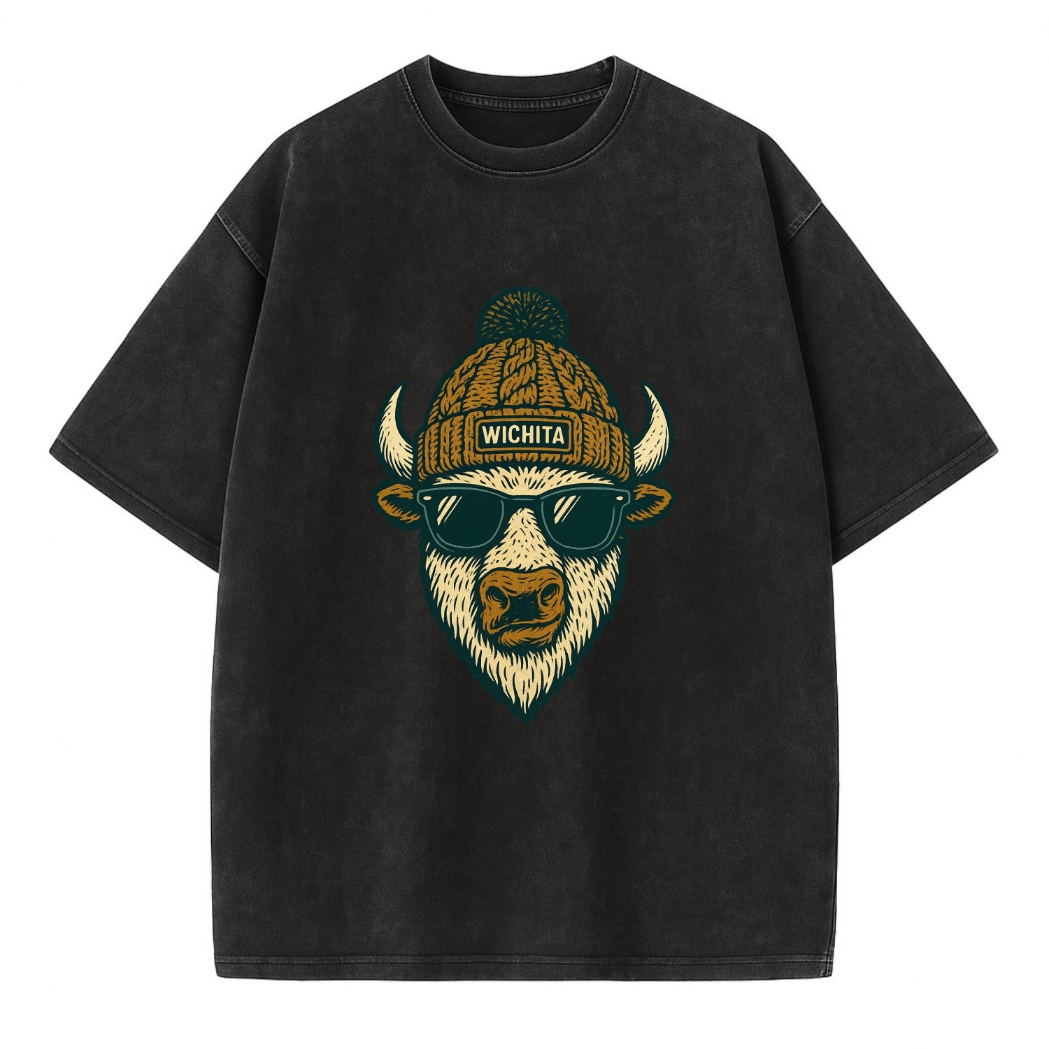 Kansas American Bison wearing Wichita beanie with pom pom and wayfarer sunglasses - Vintage T-shirt - Black