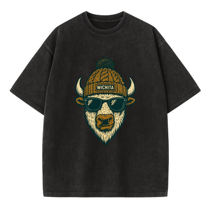 Kansas American Bison wearing Wichita beanie with pom pom and wayfarer sunglasses - Vintage T-shirt - Black
