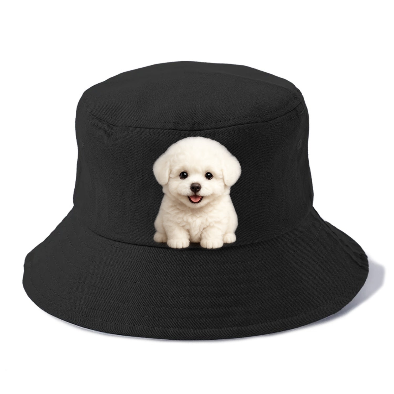 Baby Bichon Frise Puppy - white puffy cloud, dark eyes, happy expression, - Bucket Hat - Black