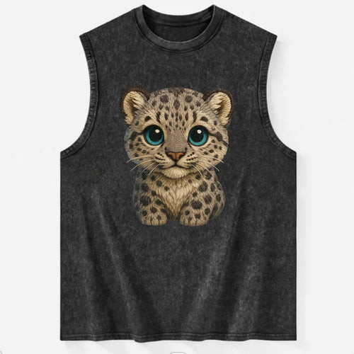 Baby Snow Leopard Cub - gray spotted, thick fur, blue-green eyes, - Vintage Washed Tank