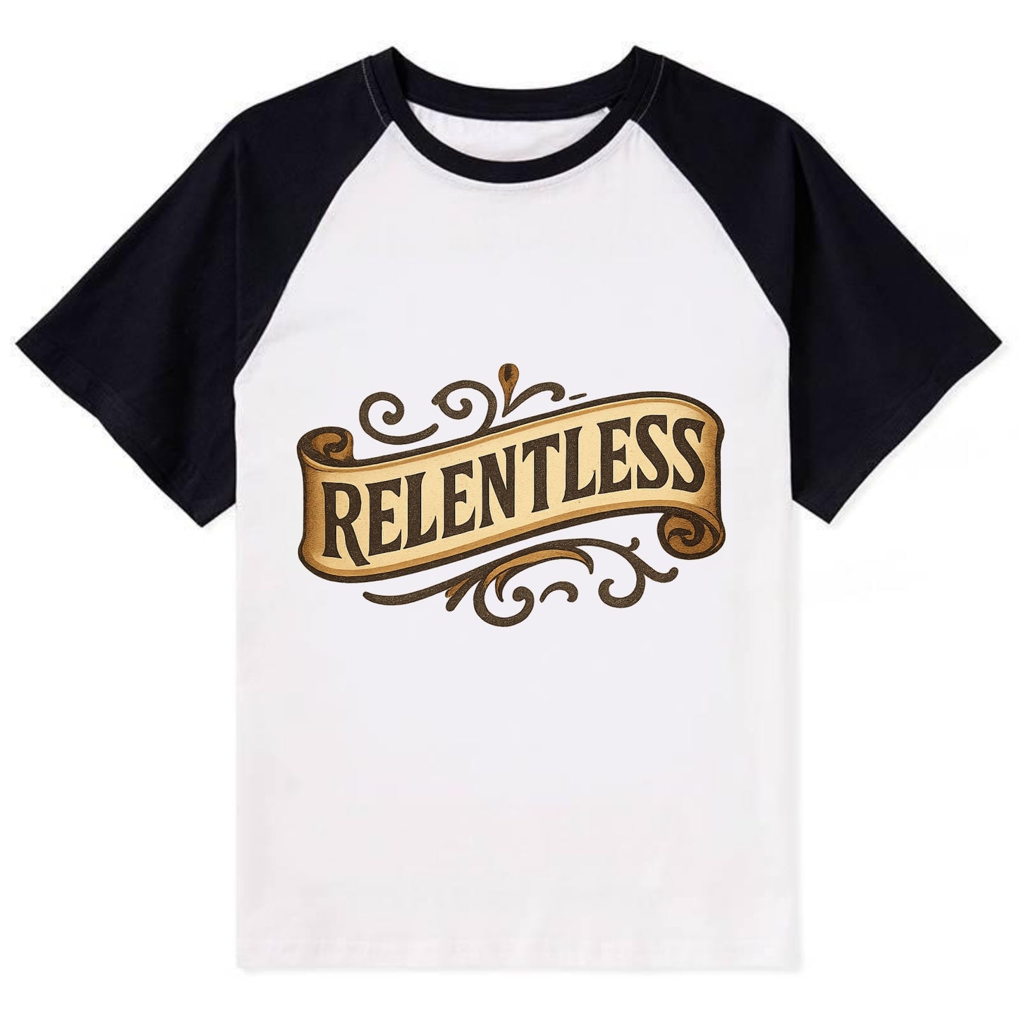 Bold typography design - "RELENTLESS" - never giving up, persistent - Contrast Raglan T-shirt - Black