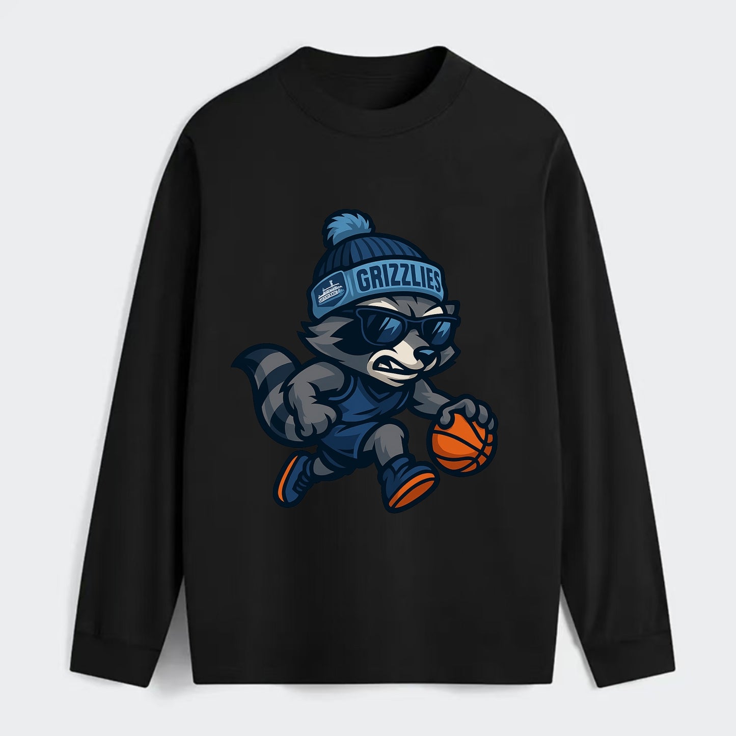 Memphis Raccoon wearing Grizzlies beanie with riverboat patch and - Classic Long Sleeve Shirt - Black