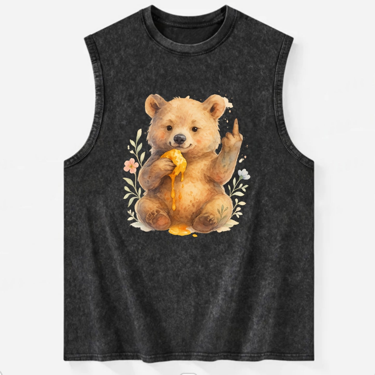 chubby bear cub eating dripping honey, sticky paw up with middle finger - Vintage Washed Tank - Black