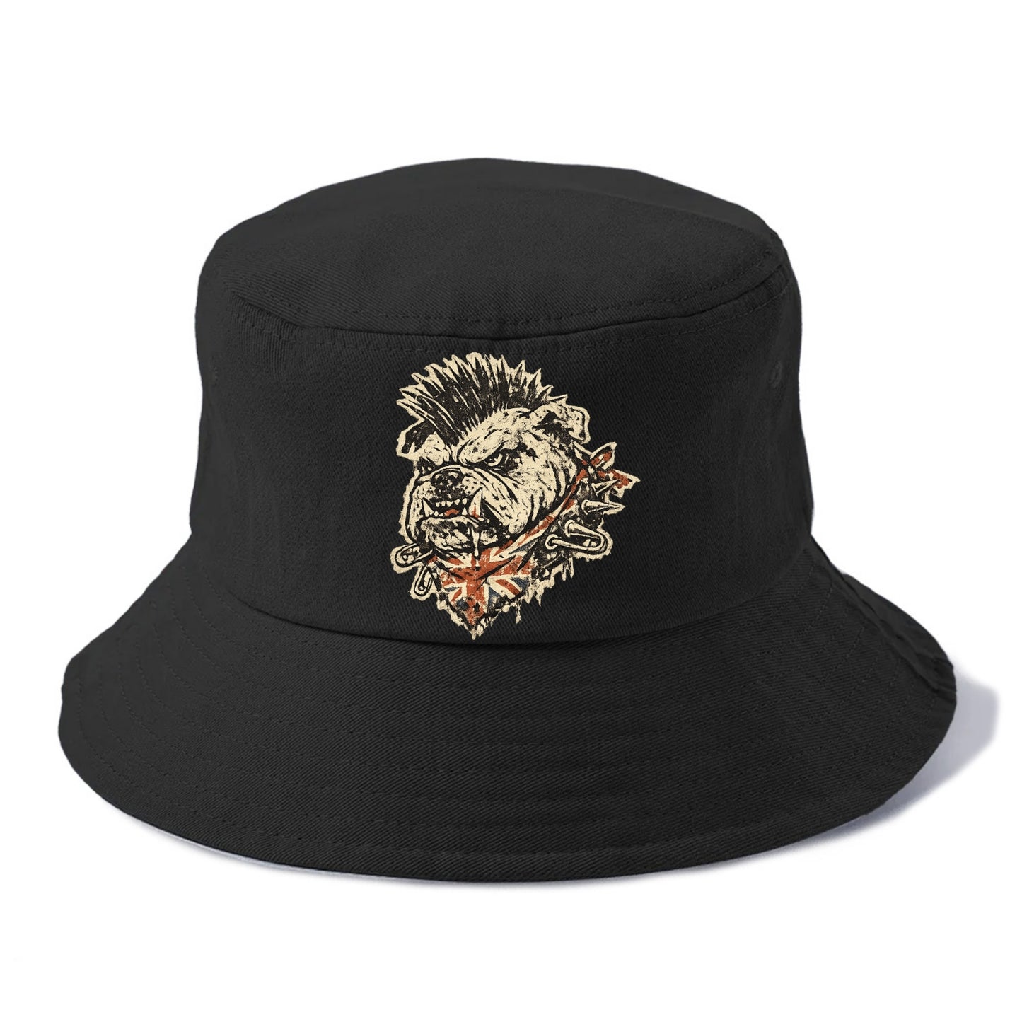 PUNK BULLDOG | British bulldog with mohawk | Safety pins through collar | Union Jack - Bucket Hat - Black