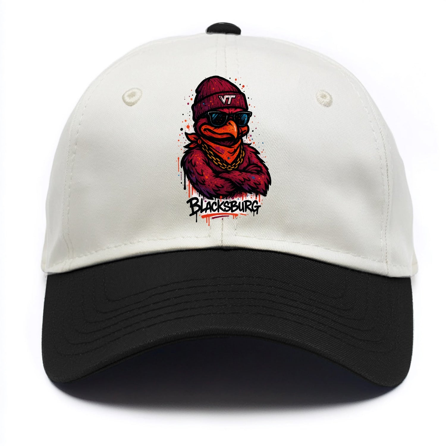 Blacksburg HokieBird wearing Virginia Tech beanie with VT patch - Two Tone Cap - Black