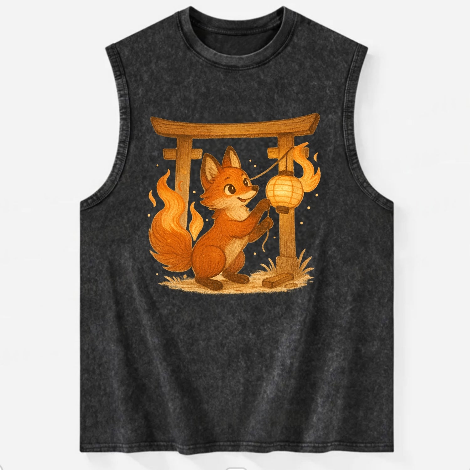 Foxfire kitsune stringing lanterns along a torii gate with tails of living - Vintage Washed Tank - Black