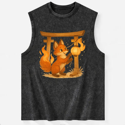 Foxfire kitsune stringing lanterns along a torii gate with tails of living - Vintage Washed Tank - Black