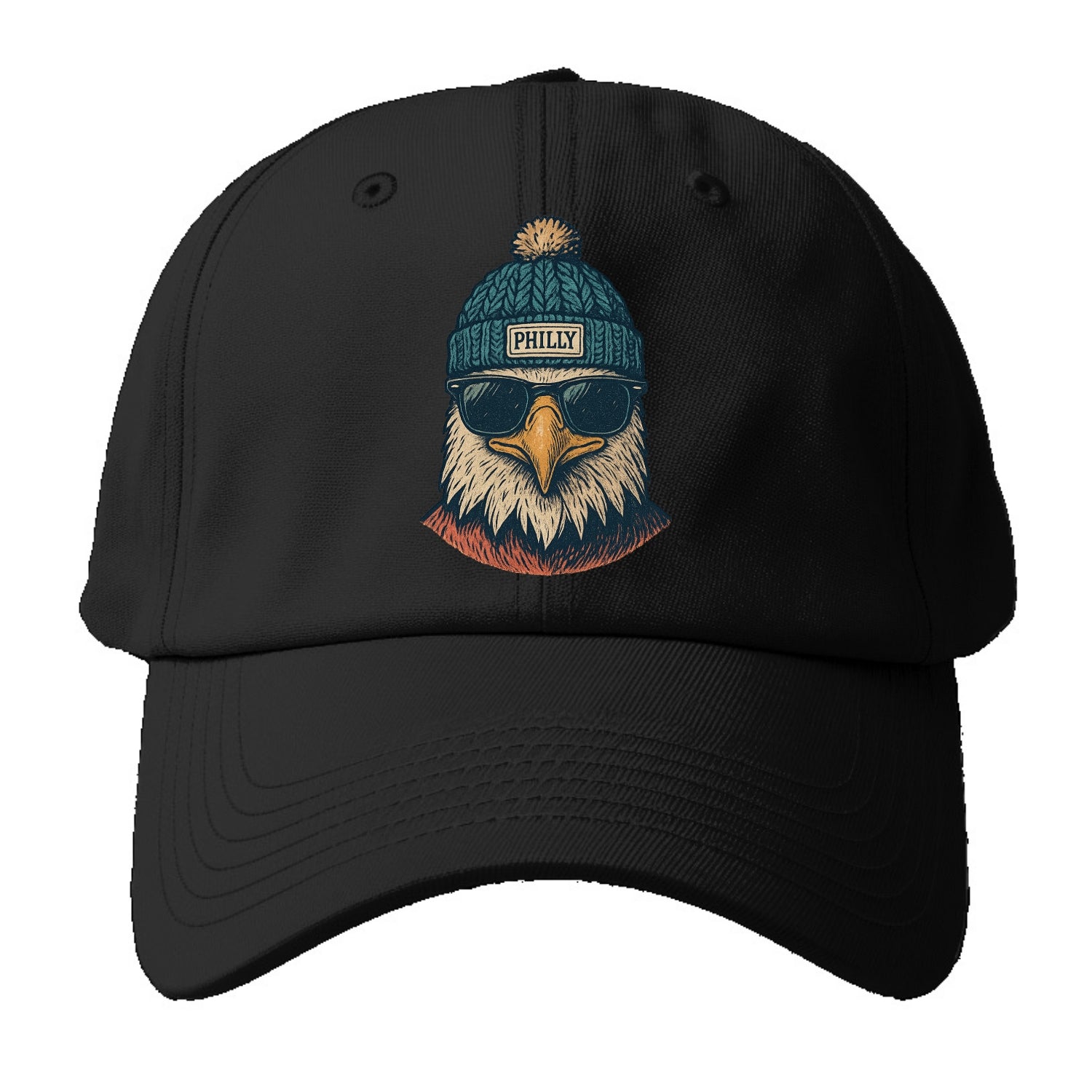 Philadelphia Eagle wearing Philly beanie with pom pom and wayfarer - Baseball Cap For Big Heads - Black