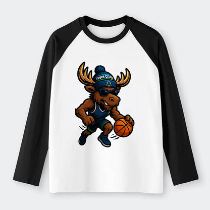 Twin Cities Moose wearing Timberwolves beanie with pine tree patch and - Raglan Long Sleeve T-Shirt - Black