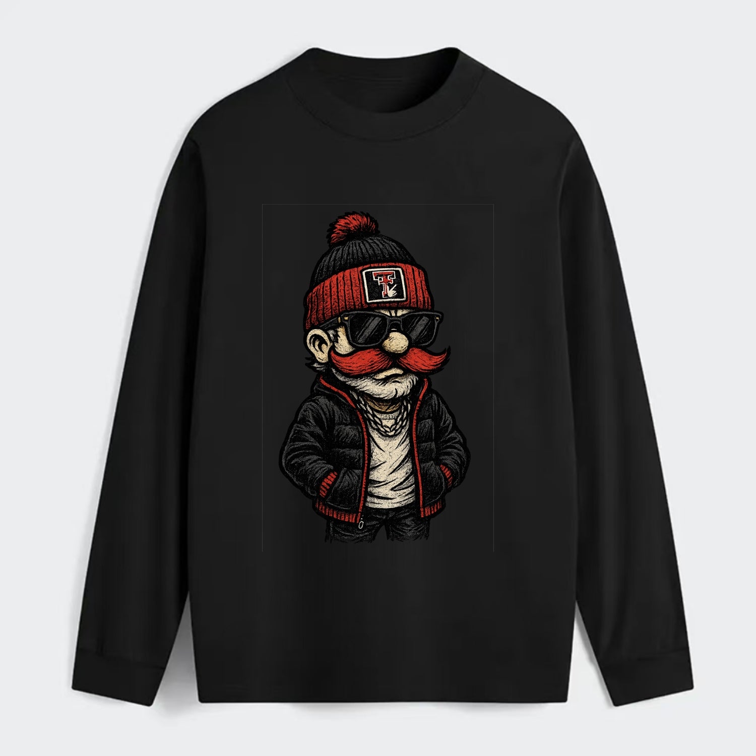 Lubbock Raider wearing Texas Tech beanie with guns up patch - Classic Long Sleeve Shirt - Black