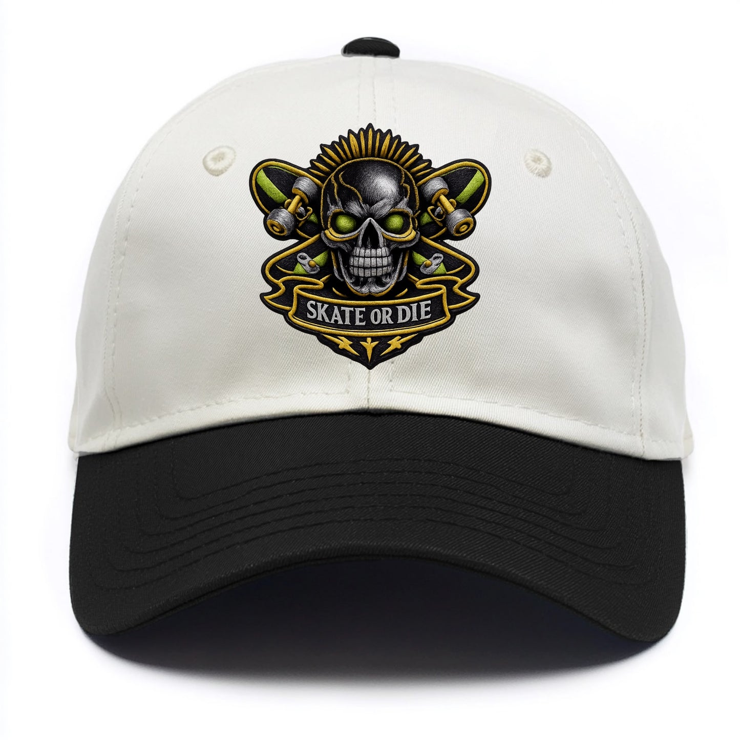 Embroidered patch design - SKATEBOARD SKULL - skull with skateboard in black and - Two Tone Cap - Black