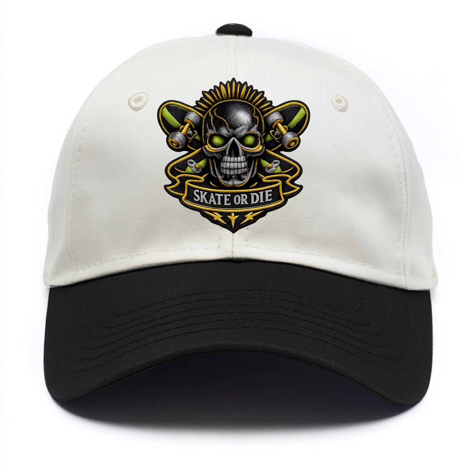Embroidered patch design - SKATEBOARD SKULL - skull with skateboard in black and - Two Tone Cap - Black