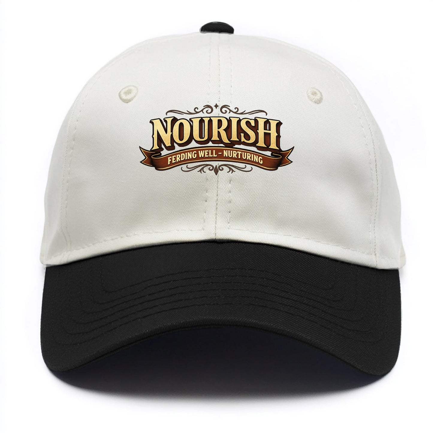Bold typography design - "NOURISH" - feeding well, nurturing - Two Tone Cap - Black