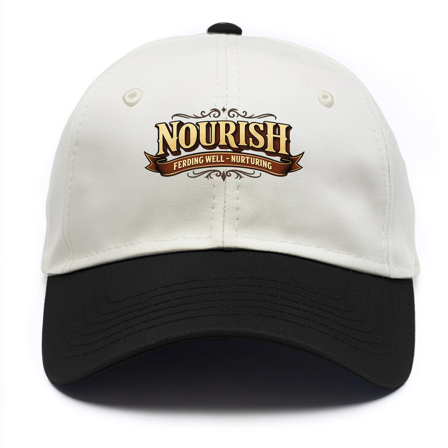 Bold typography design - "NOURISH" - feeding well, nurturing - Two Tone Cap - Black
