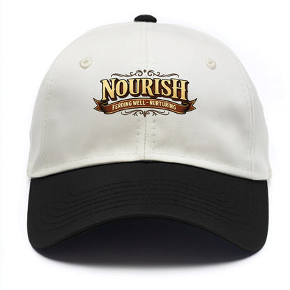Bold typography design - "NOURISH" - feeding well, nurturing - Two Tone Cap - Black