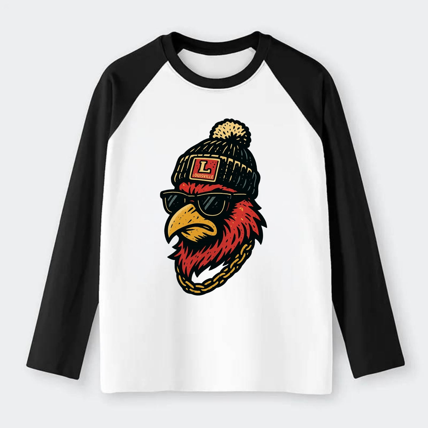 Louisville Cardinal wearing Louisville beanie with L patch - Raglan Long Sleeve T-Shirt - Black