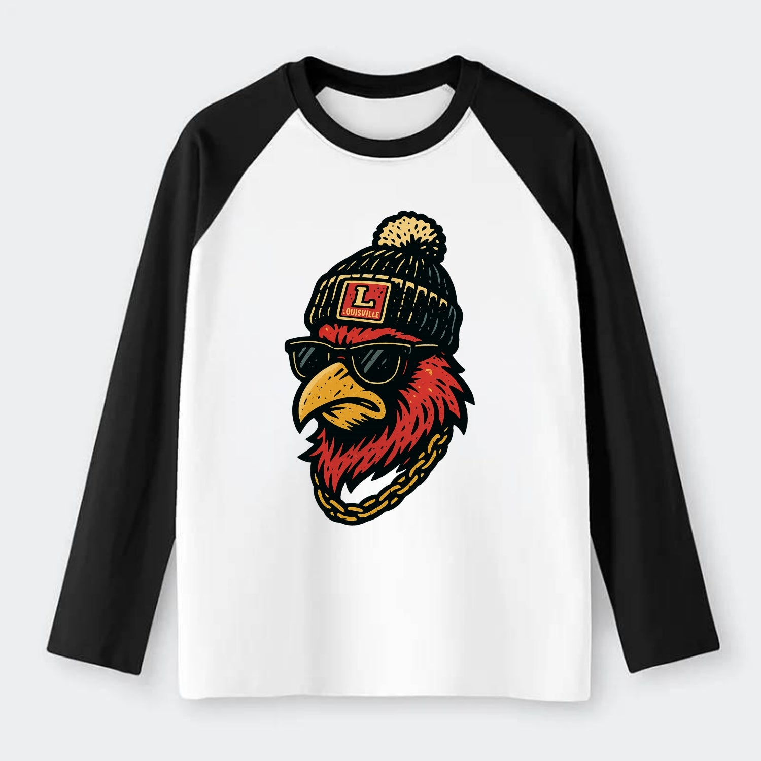 Louisville Cardinal wearing Louisville beanie with L patch - Raglan Long Sleeve T-Shirt - Black
