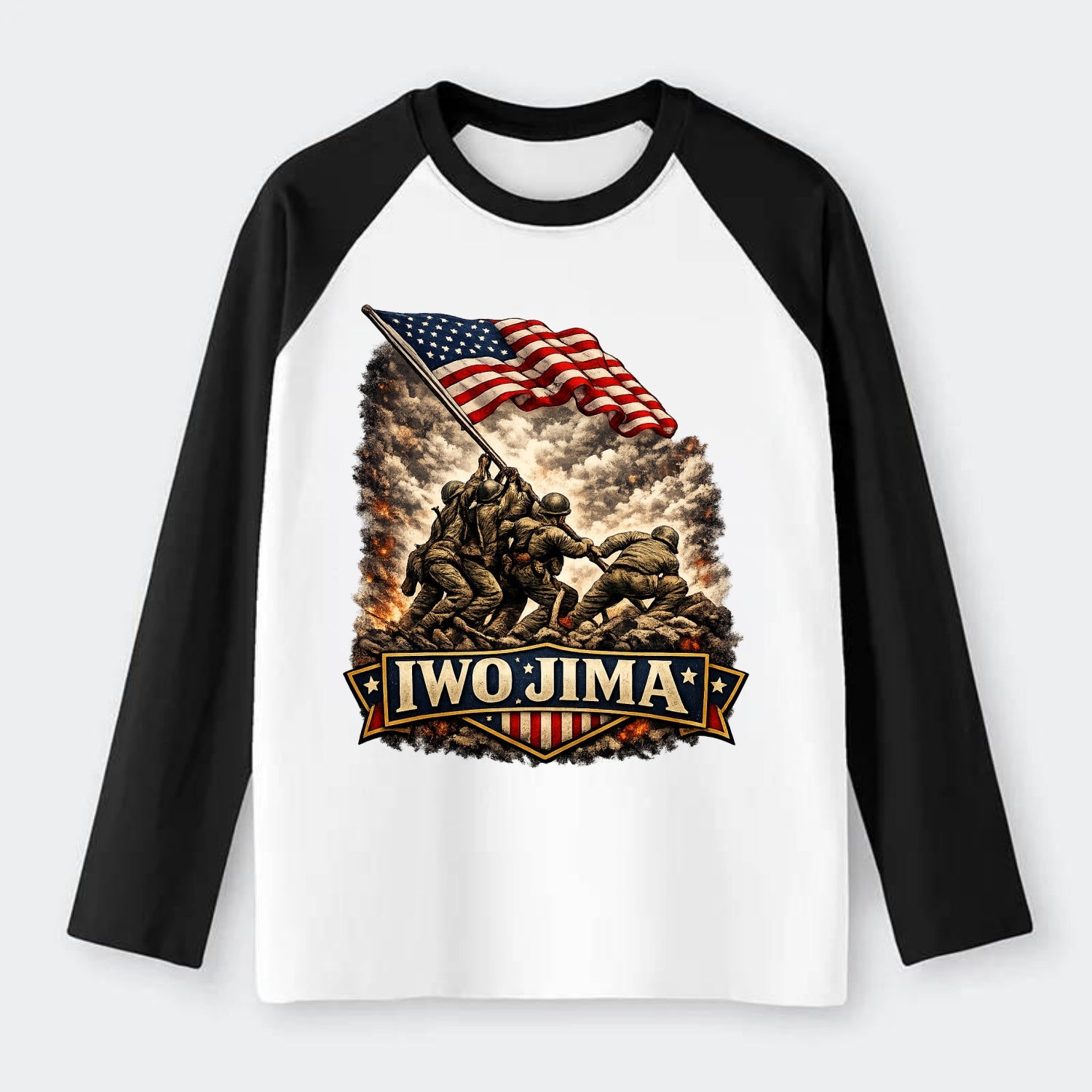 Iwo Jima Flag Raising - Raglan Long Sleeve T-Shirt - Black