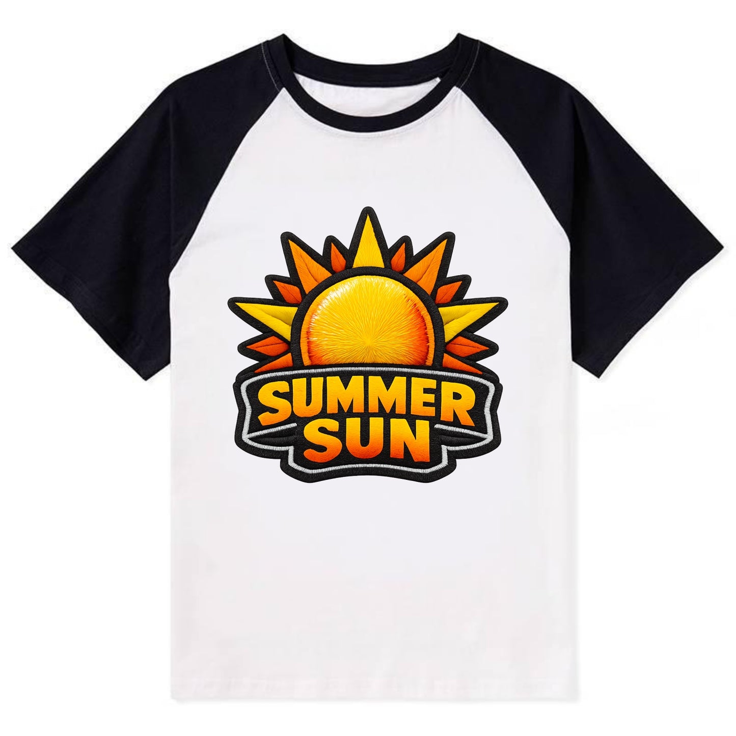 SUMMER SUN - bright sun with rays in yellow and orange , hot season - Contrast Raglan T-shirt - Black