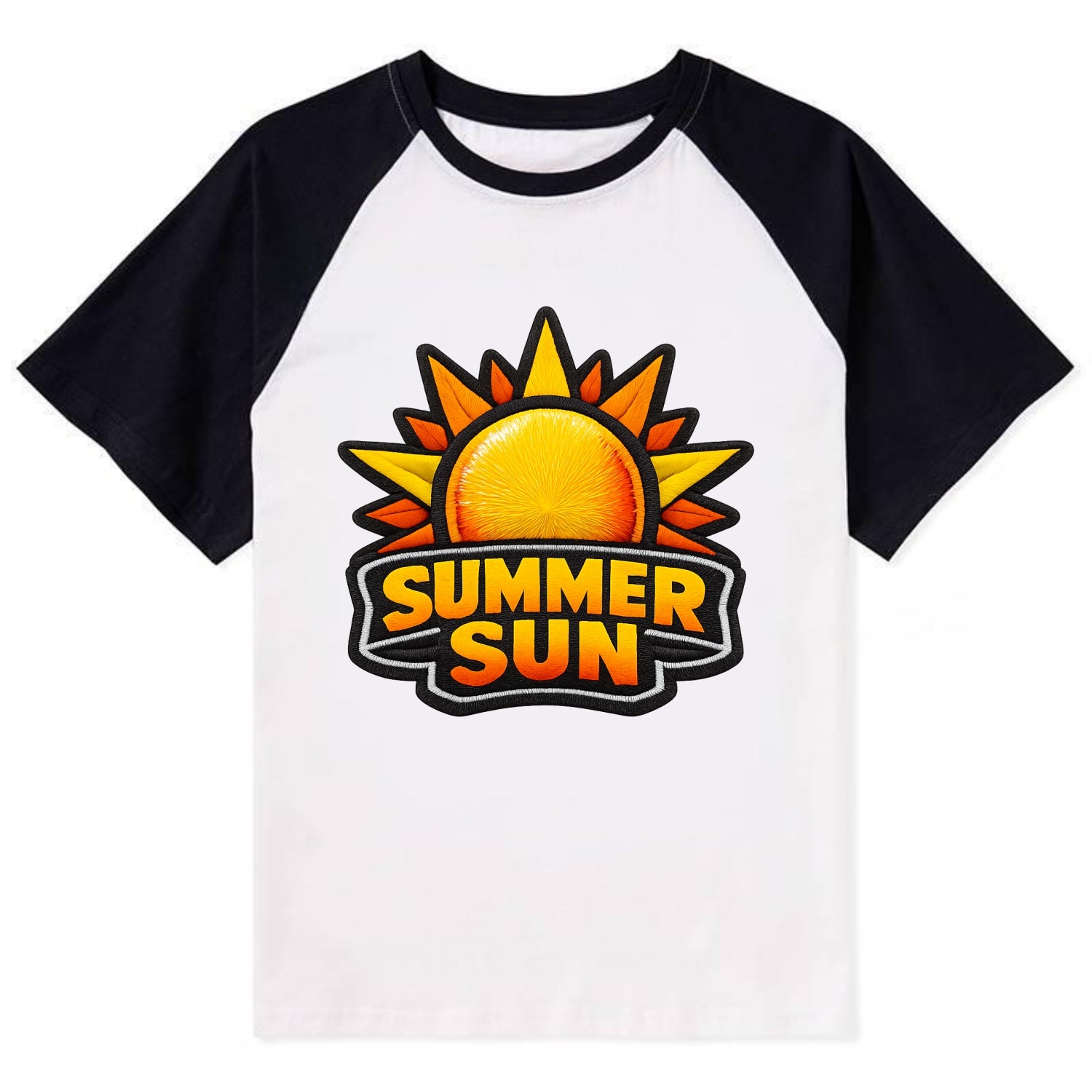 SUMMER SUN - bright sun with rays in yellow and orange , hot season - Contrast Raglan T-shirt - Black