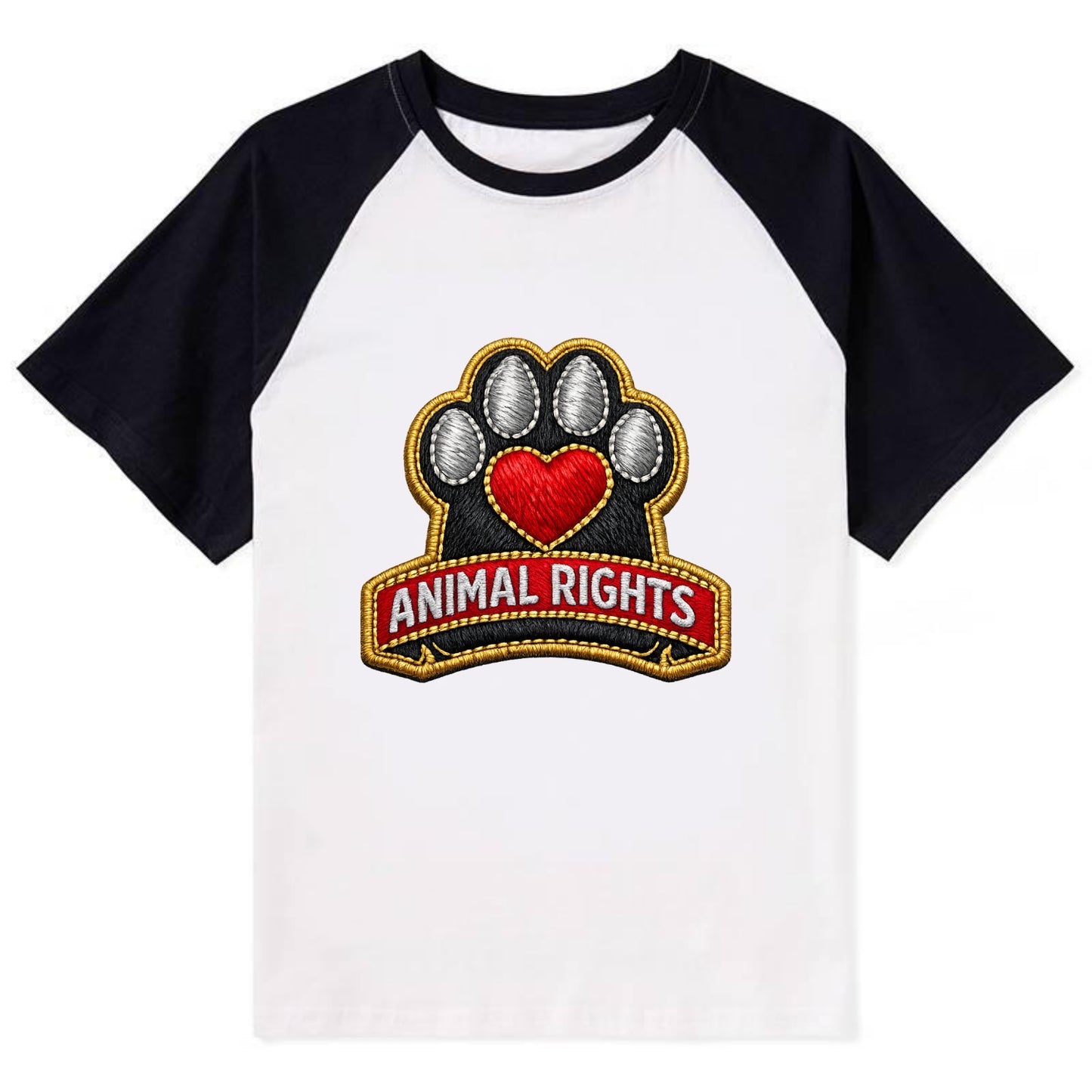 ANIMAL RIGHTS - raised paw with heart in red , advocacy - Contrast Raglan T-shirt - Black