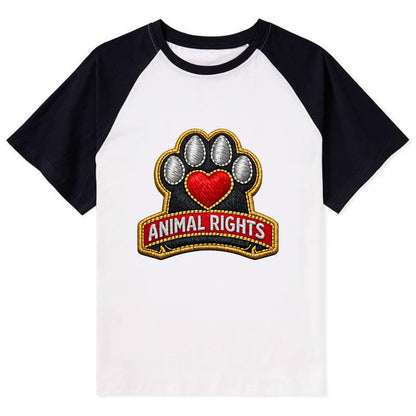 ANIMAL RIGHTS - raised paw with heart in red , advocacy - Contrast Raglan T-shirt - Black