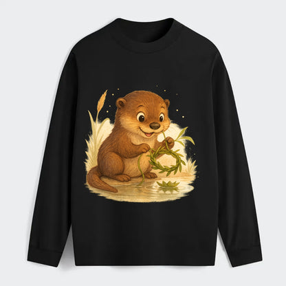 Otter weaving river reeds into a floating crown beside mirror-still - Classic Long Sleeve Shirt - Black