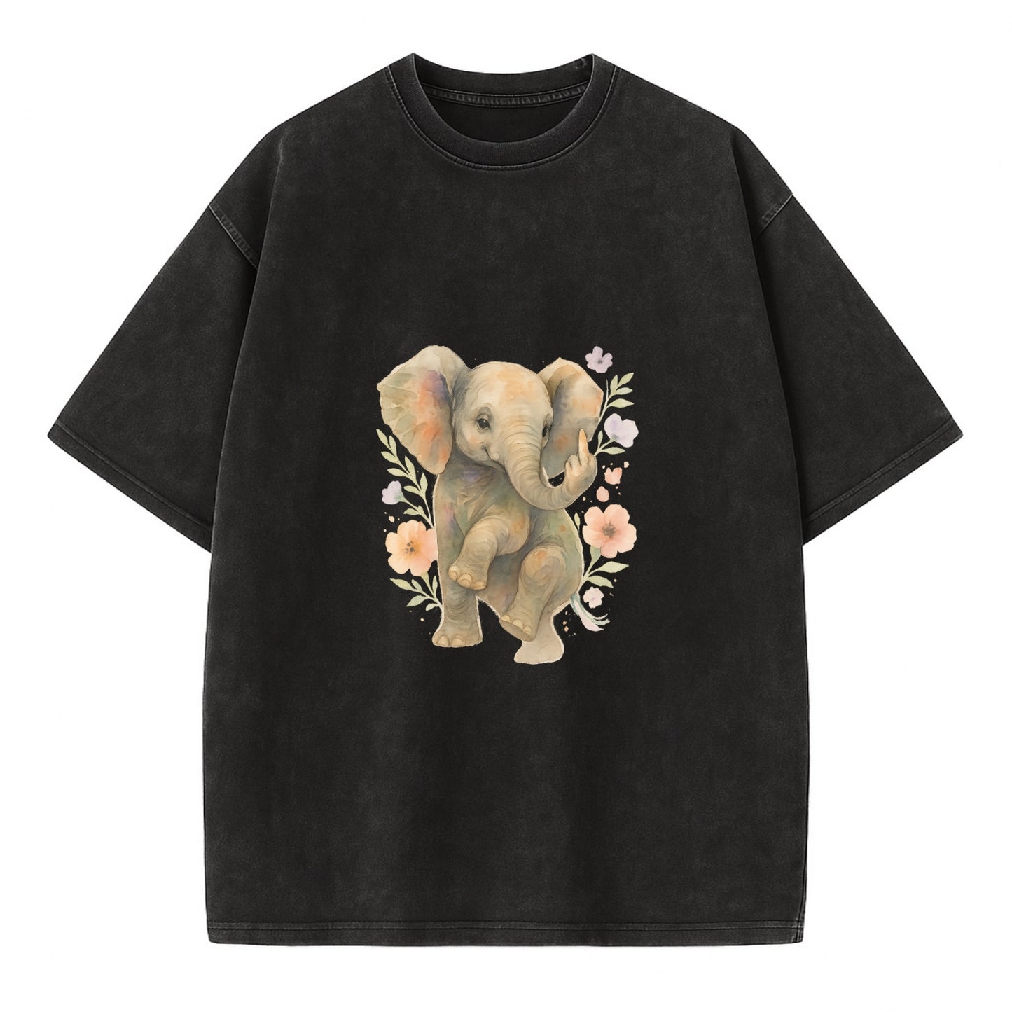 baby elephant with trunk up, one foot raised with middle toe extended - Vintage T-shirt - Black