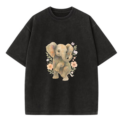 baby elephant with trunk up, one foot raised with middle toe extended - Vintage T-shirt - Black